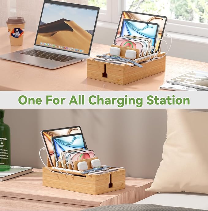 Pezin & Hulin Bamboo Charging Station, Electronic Devices Organizer for Multiple Devices Charger Such As Cell Phone, Tablet, Watch and More, Natural, (No USB Charger and Cables)