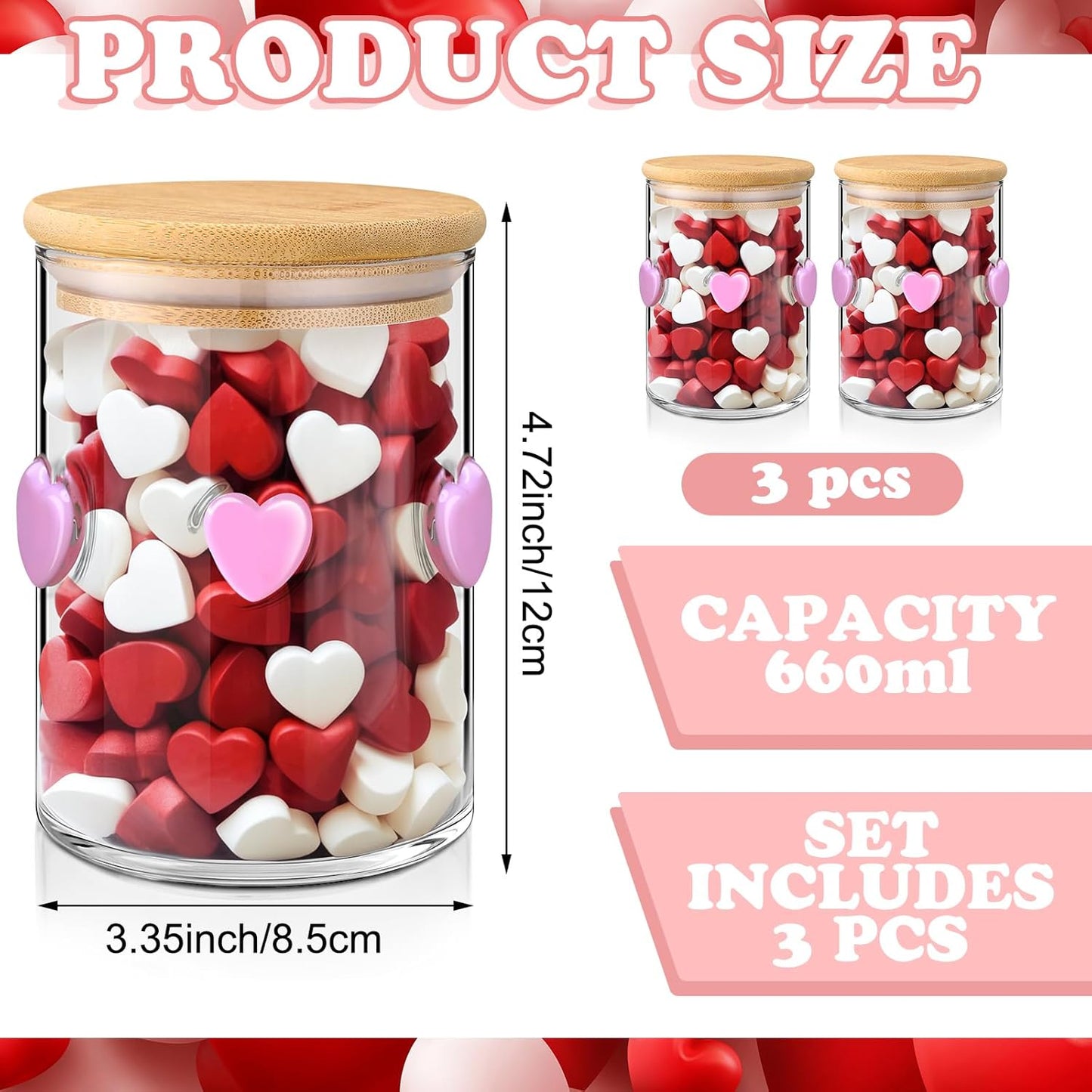 3 Pcs Valentine's Day Icon Glass Storage Jars with Airtight Bamboo Lid Pink Heart Icon Valentine's Day Glass Jars Canister Sets for Home Kitchen Countertop Decoration