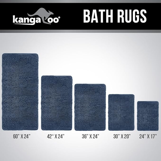 KANGAROO Bathroom Rugs, Chenille Soft Absorbent Bath Rug, Shaggy Shower Mat, Quick Dry Machine Wash Bathmat, Plush Carpet Mats for Tub, Bathtub and Room Home Decor Accessories, 30x20, Navy