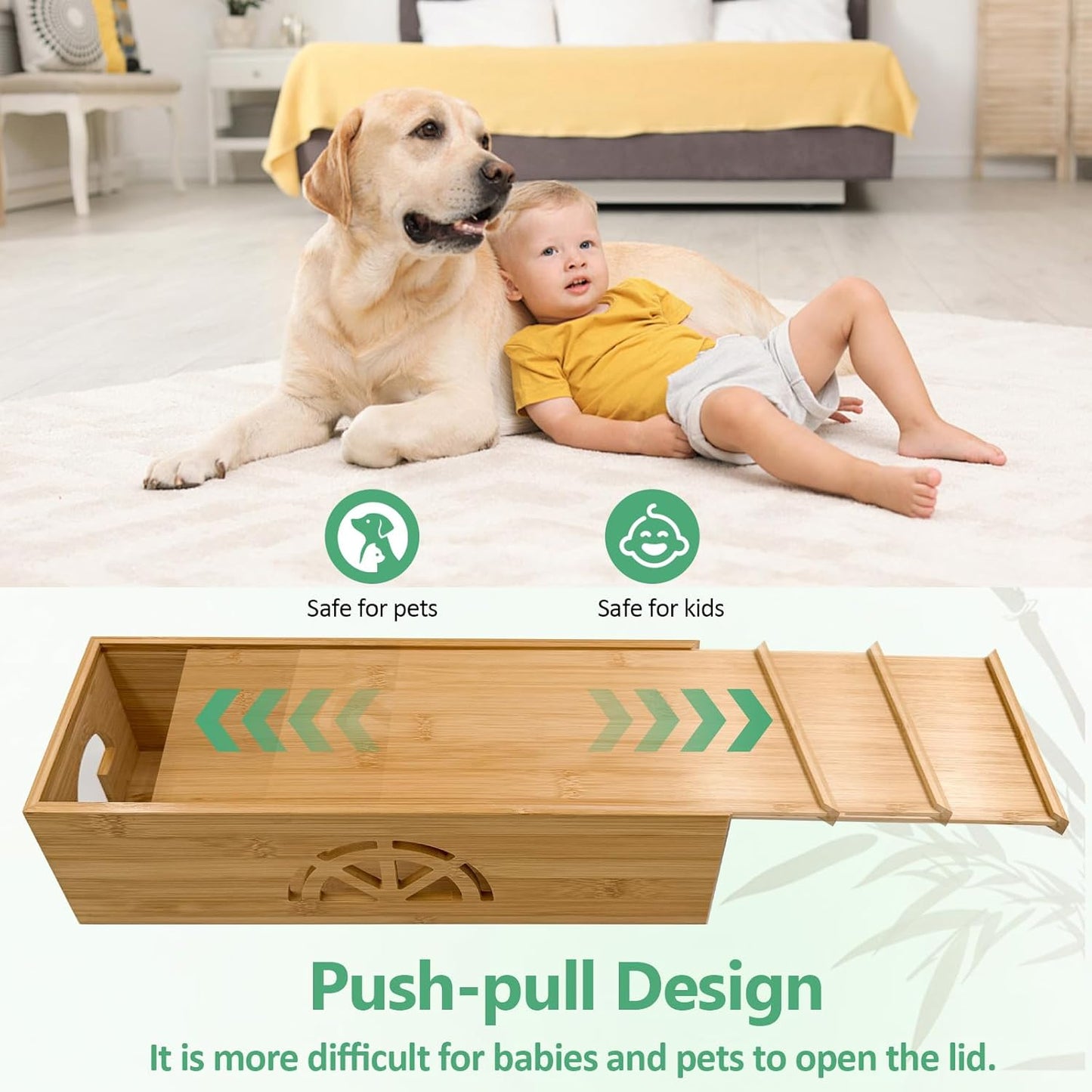 Bamboo Cable Management Box,Extra Large Cord Organizer Box,Power Strips Hider,Plug Strip Cord Box,Outlet Holder,Cords Concealer,Wires Covers,Desk & Floor Tidy Solution (Sliding lid)