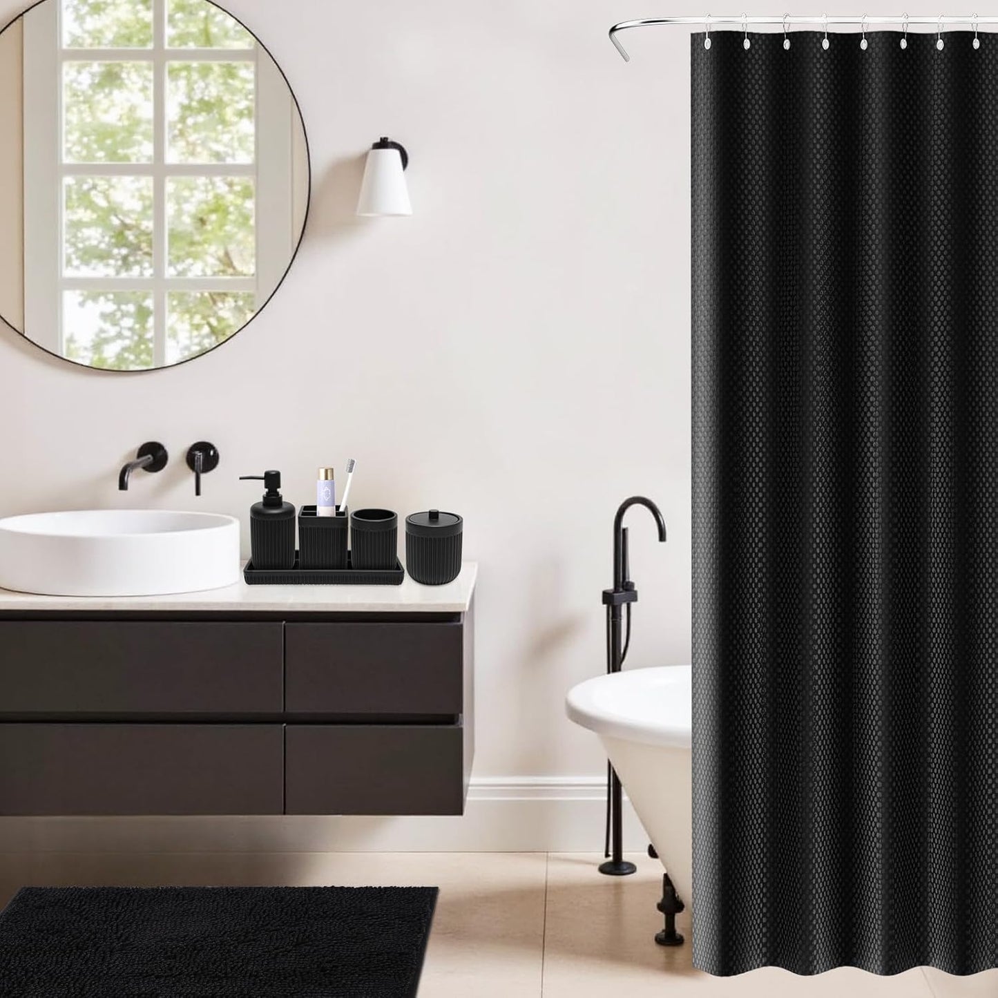 8-Piece Matte Black Bathroom Set - Luxury Resin Bathroom Accessories Sets Complete with Shower Curtain and Rugs, Soap Dispenser, Toothbrush Holder, Cup, Apothecary Jars & Tray