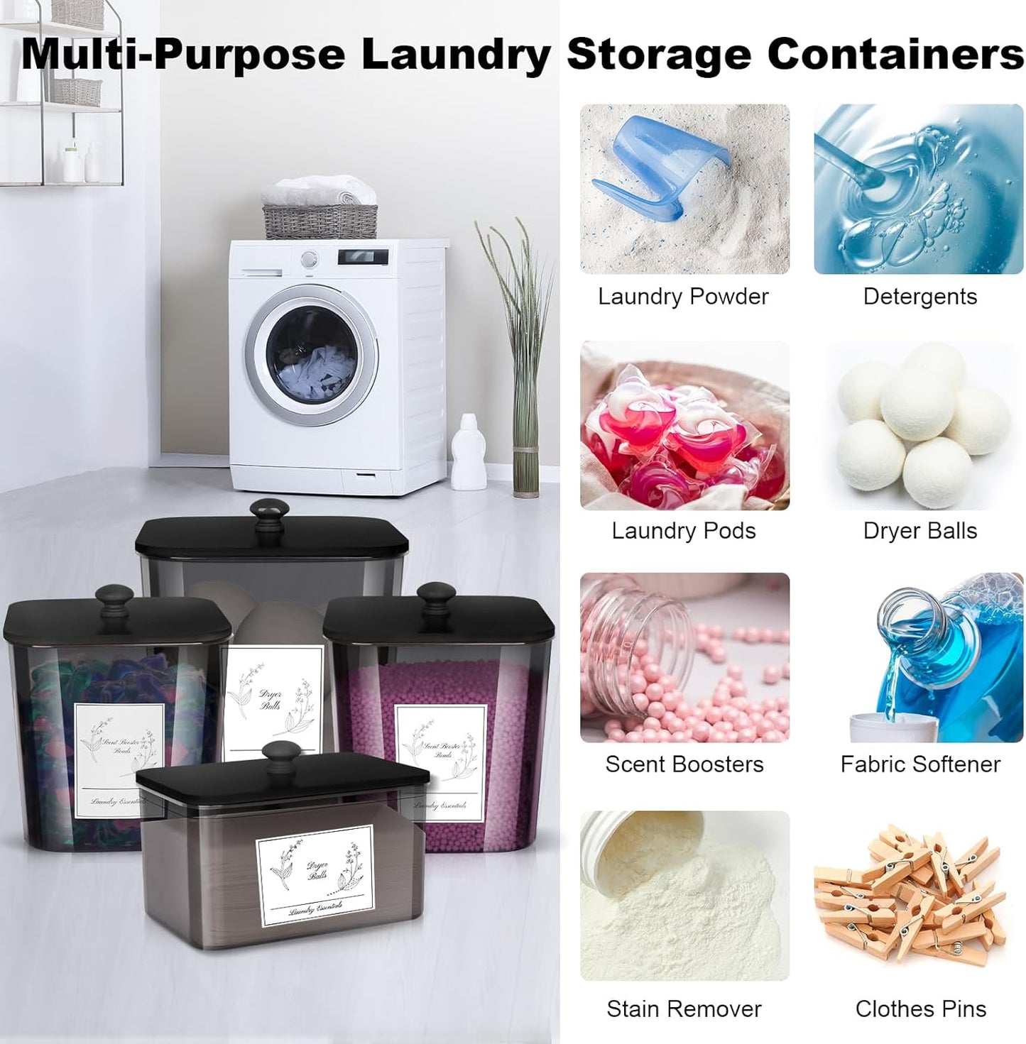 4 Pack Laundry Detergent Containers & Dryer Sheet Holder with Black Lids, Scoops & Labels - Plastic Laundry Organizer and Storage Jars for Pods, Detergent, Scent Booster