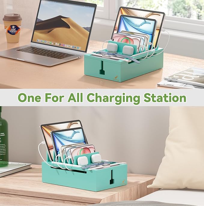 Pezin & Hulin Bamboo Charging Station, Electronic Devices Organizer for Multiple Devices Charger Such As Cell Phone, Tablet, Watch and More, Teal, (No USB Charger and Cables