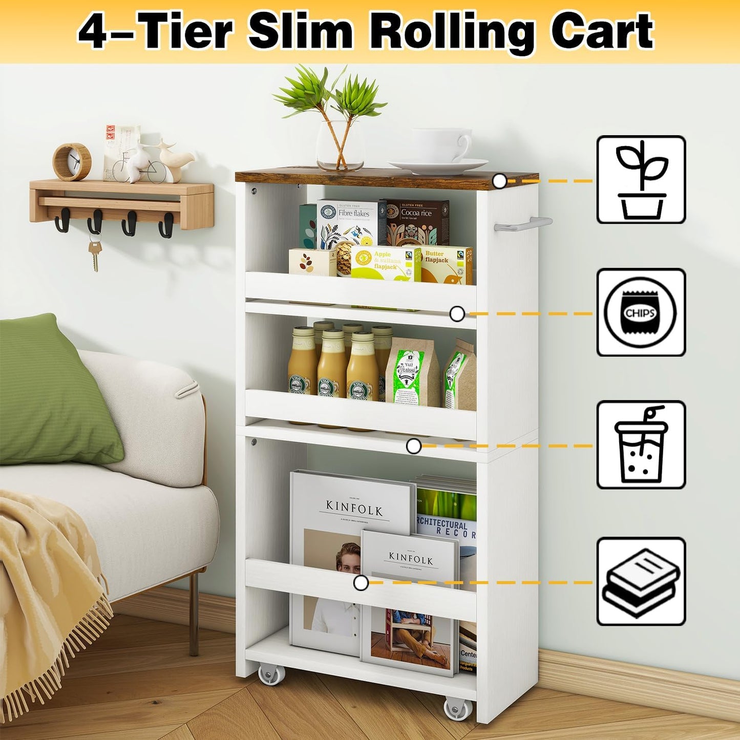 IBUYKE Slim Storage Cart 5.9" W, Rolling Organizer Trolley for Small Spaces, 4-Tier Laundry Cart with Handle, Slide Out Utility Cart for Kitchen, Living Room, Laundry,Narrow Places,White WST005W
