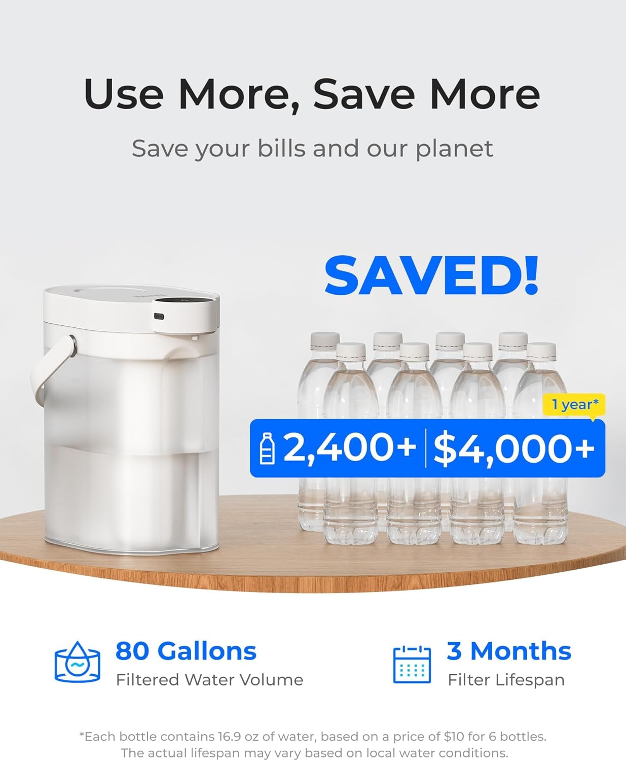 Waterdrop Rechargeable Water Filter Dispenser, 5-Stage Long-Life Instant Electric Powerful Pitcher, Reduce 70+ Contaminants, Soften Water, 15-Cup Countertop Water Filtration System, NOT Reduce TDS