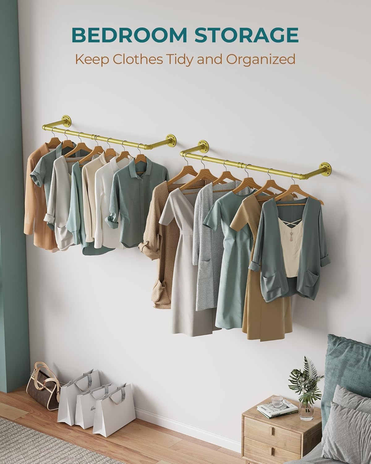 OROPY Industrial Pipe Clothes Rack Wall Mounted Set of 2, 38.4 inches Heavy Duty Iron Pipe Clothing Garment Rail, Multi-Purpose Clothing Hanging Rod for Laundry Room and Closet Storage, Gold