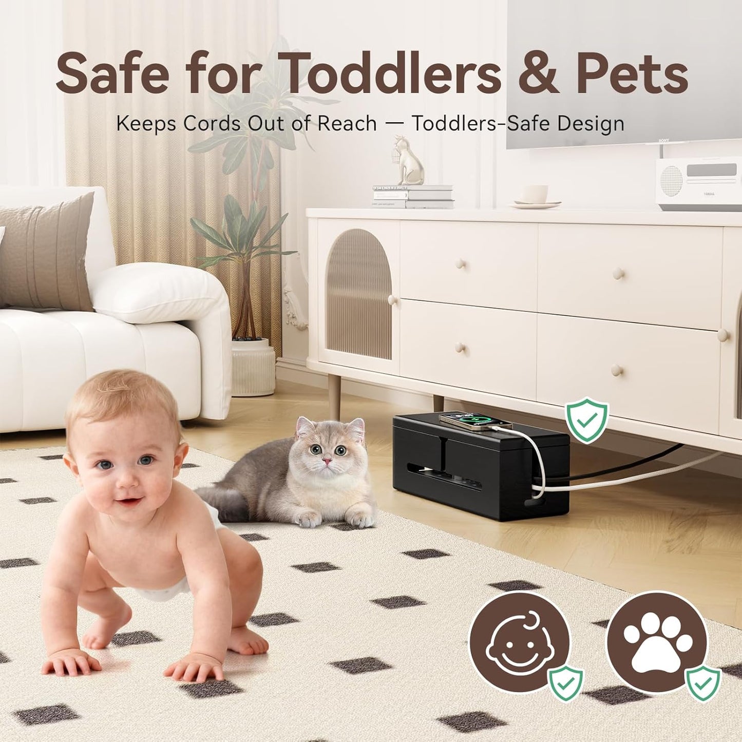 Large Cable Management Box-Stylish Wire Organizer, Wire Concealer and Wire Management Box-Wire Management Box with Protective Sleeve (Black)