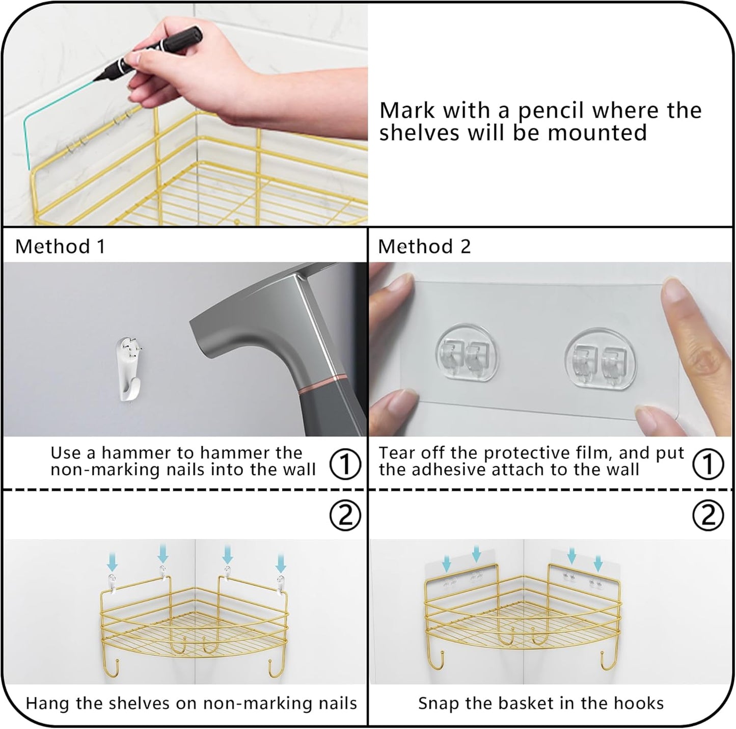 Corner Shower Shelves with 4 Hooks, 2-Tier Stainless Steel Bathroom Shower Organizers, Wall Mounted Caddy Shelves No Drilling with Adhesive, Triangle Storage Shelf for Toilet, Dorm and Kitchen, Gold
