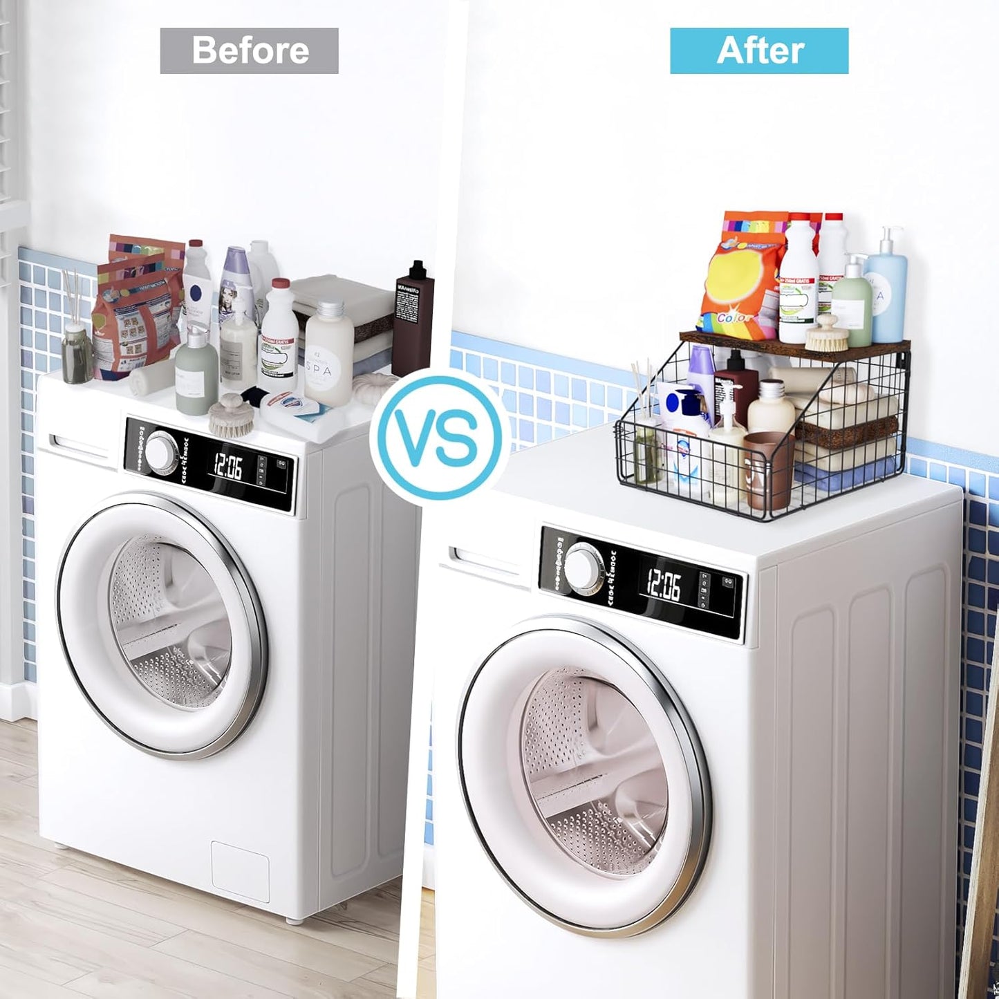 Laundry Room Shelves Wall Mounted with Storage Basket - Farmhouse Stackable Wire Wall Shelves Organizer for Towels, Detergent, Tissues | Space-Saving Over Washer & Dryer(11.8" Wx12 Dx8.5 H)