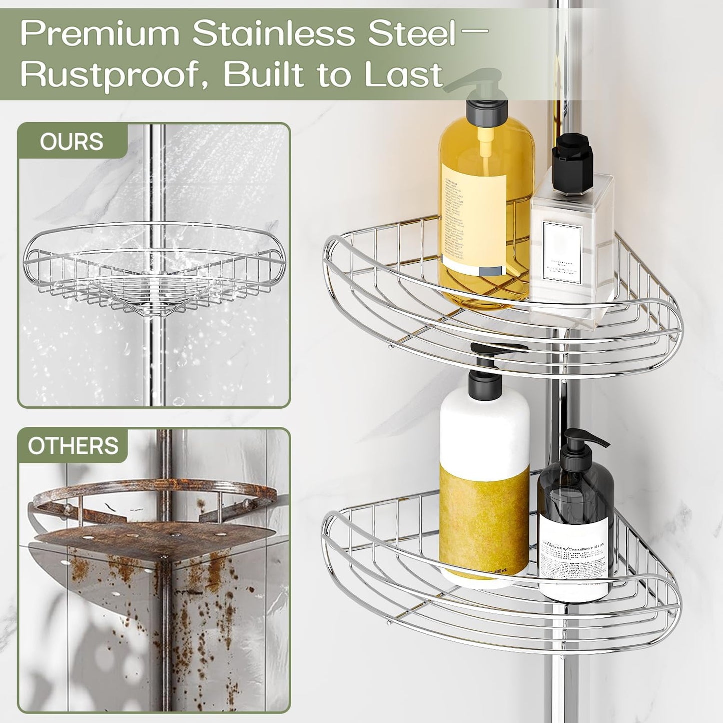 ALLZONE Corner Shower Caddy Tension Pole, 4-Tier Adjustable Shelves, Rustproof Bathroom Shower Organizer Corner for Inside Shower Storage, Tension Mounted, 56 to 113 Inch Height, Sliver