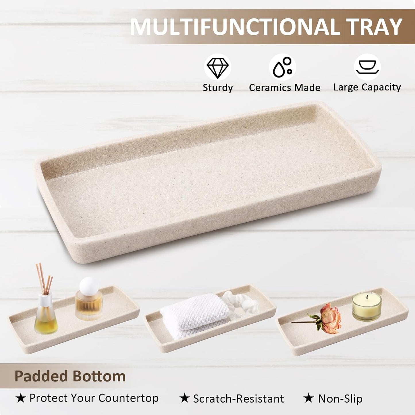 Resin 6 Pcs Beige Bathroom Set Complete with Toothbrush Holder, Lotion Soap Dispenser, 2 Qtip Holder Dispensers,Vanity Tray,Bathroom Tumbler - Countertop Vanity Organizer - Bathroom Accessories Set