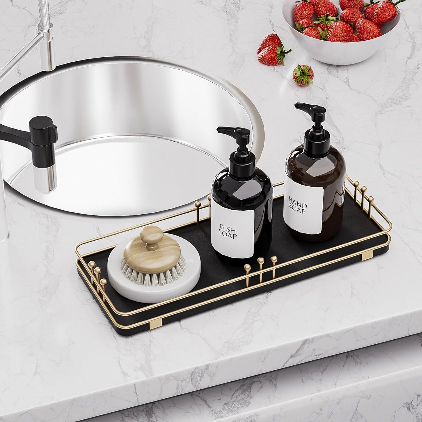 Bathroom Vanity Tray for Countertop Toiletries Perfume Makeup Soap Dispenser Toilet Tank, Kitchen Tray for Salt Spice, Decor Tray for Candle Nightstand Coffee 11.3”x 4.4” Black-Gold