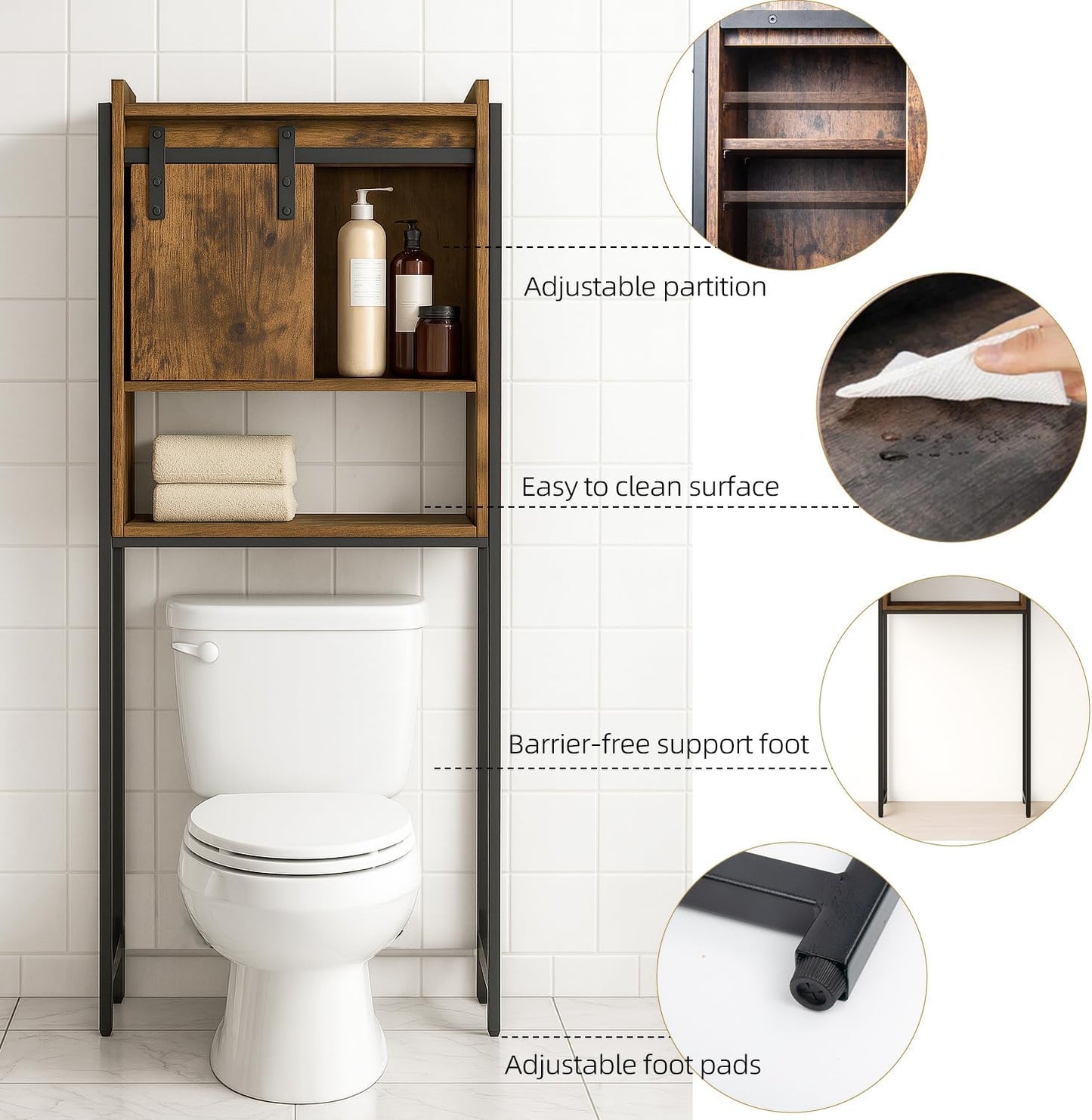 Over The Toilet Storage Cabinet, Behind Toilet Bathroom Organizer with Adjustable Shelves, Above Toilet Organizers with Barn Door, Space Saver for Restroom, Bathroom, Laundry, Rustic