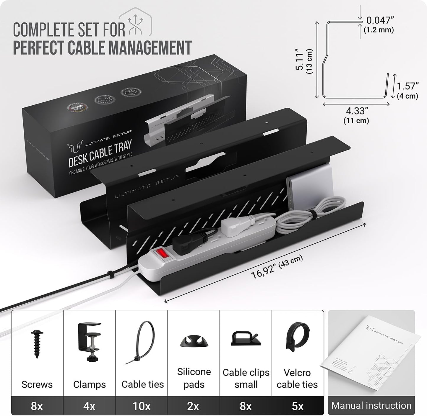 Under Desk Cable Management Tray no Drill – Wire Management - Cord Organizer – Huge Load Capacity – Under Desk Cable Tray no Drill (Black, 2 Pieces Set)