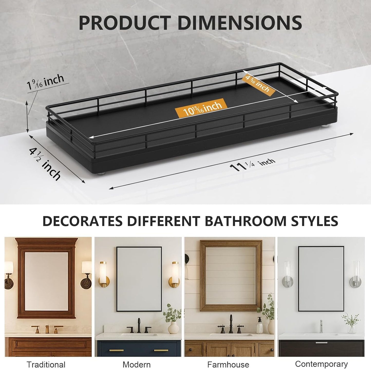 Bathroom Tray for Counter Top Organizer – Oak Wood Vanity Tray with Metal Frame for Dresser, Kitchen, Nightstand – Black Decorative Storage