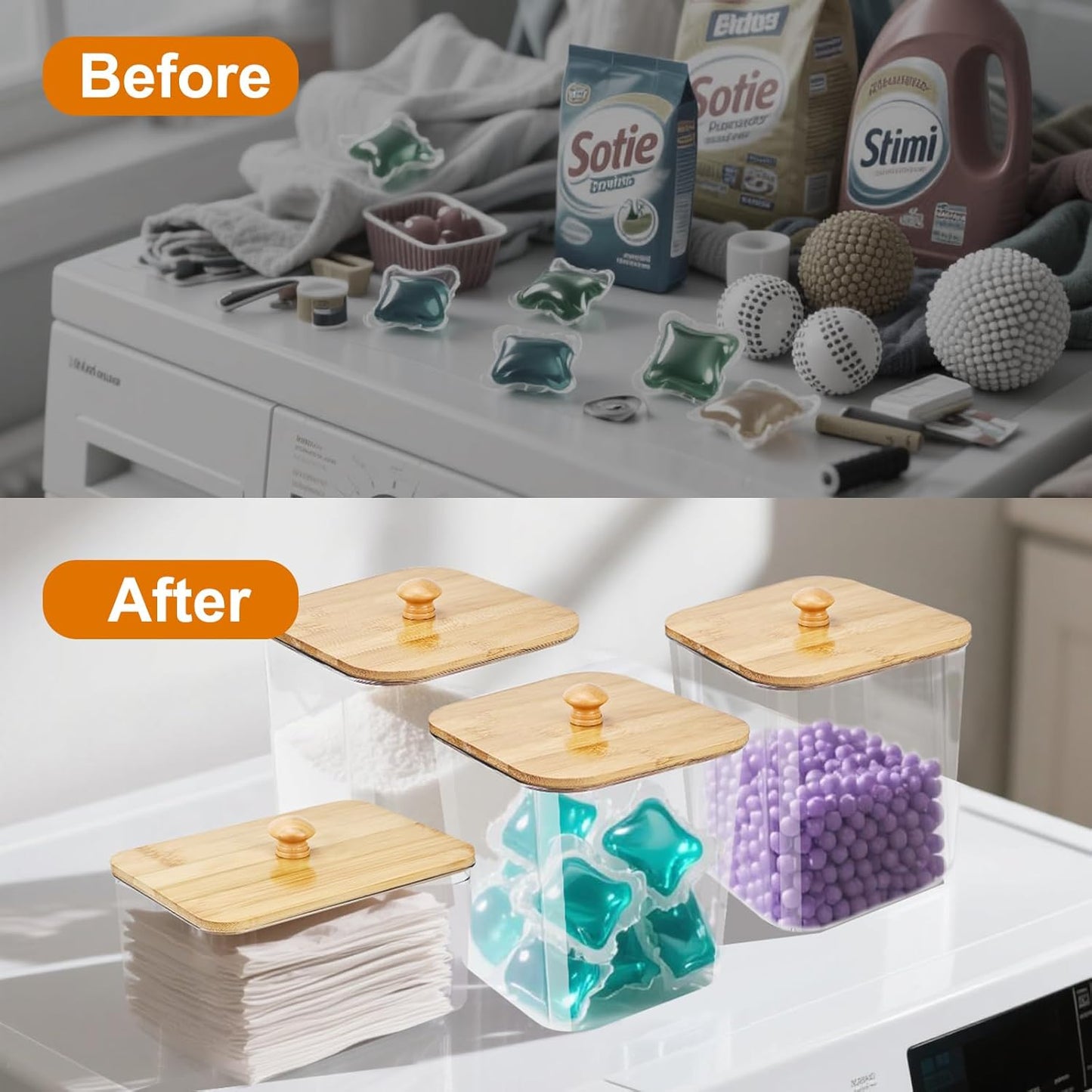 4PCS Laundry Pods Container, Clear Laundry Room Organization and Storage with Bamboo Lids, 3 Premium Scoops & Labels – Ideal for Scent Booster Beads, Dryer Balls, Sheets & Powder (6'')