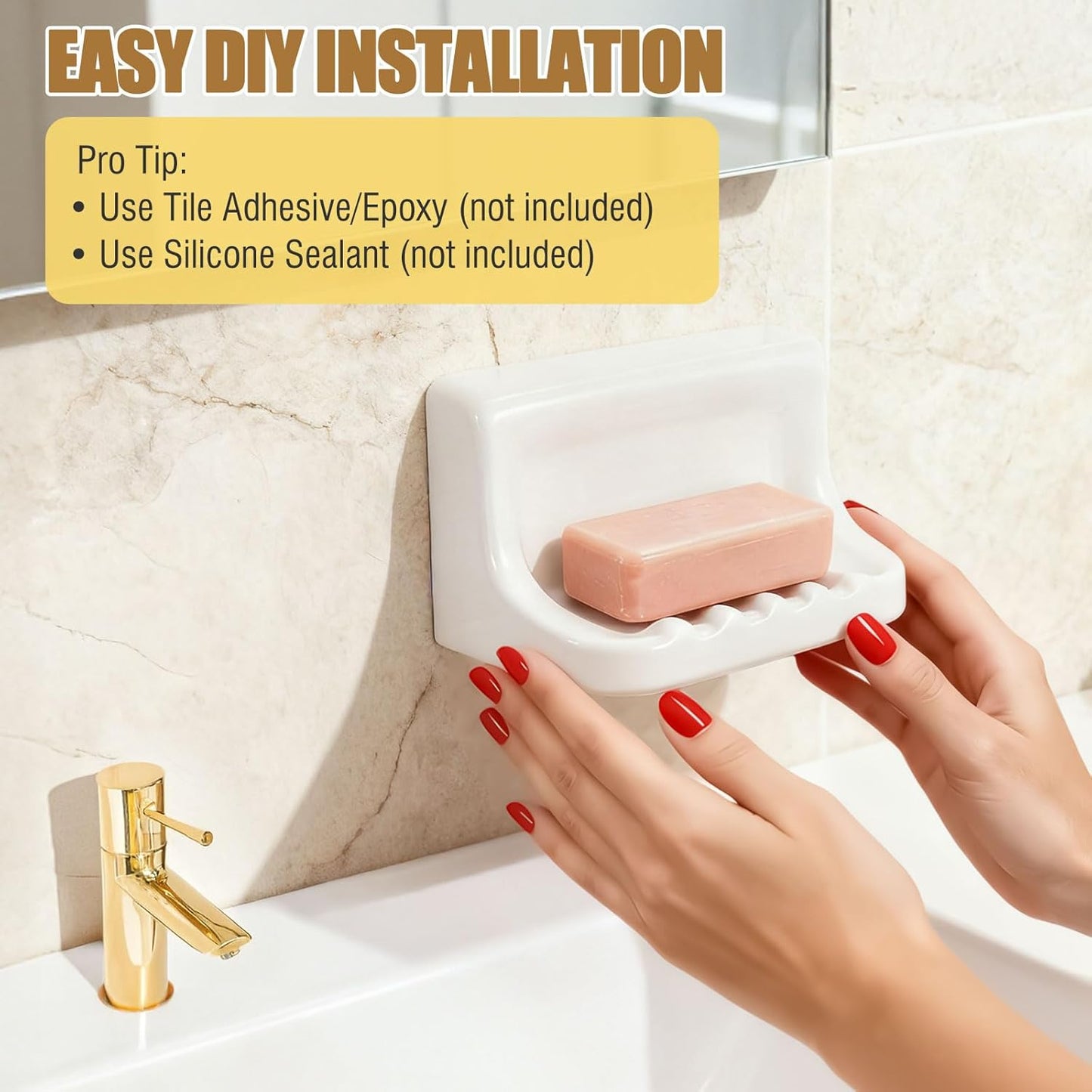 OTHIX Shower Soap Holder & Ceramic Soap Dish for Shower Wall Fits 4x4 Inch Tile Walls, Heavy-Duty Soap Tray with Drainage Slope for Bathroom, Easy Install, No-Slip, White