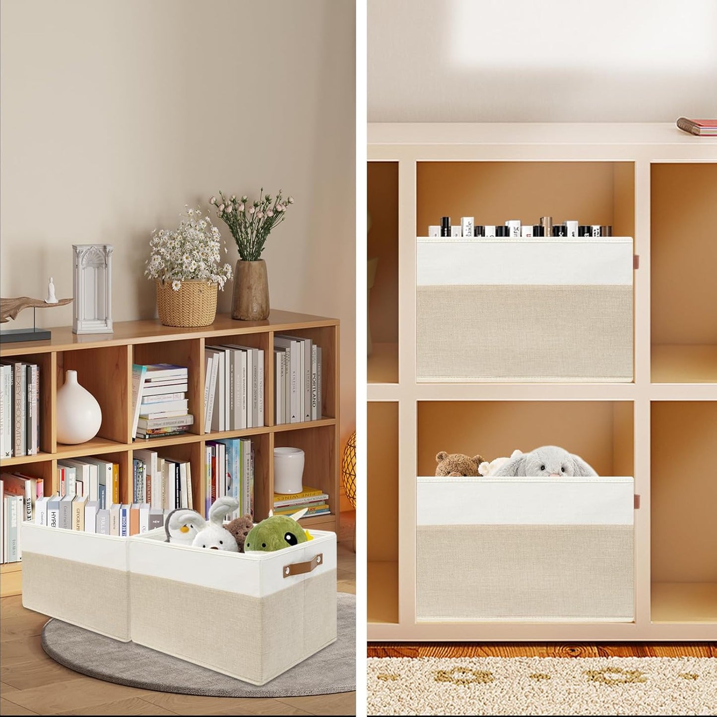 SNWDN 4 Pack Fabric Storage Baskets for Organizing Collapsible Fabric Storage Bins with Handles for Home and Office Organizing (White/Beige 15''Lx10.2''Wx9''H)