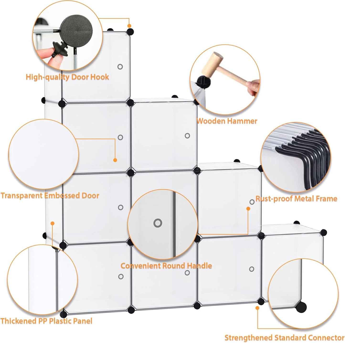 C&AHOME Cube Storage Organizer with Doors, 12-Cube Shelves, Closet Cabinet, DIY Plastic Modular Bookshelf Ideal for Bedroom, Living Room, 36.6”L x 12.4”W x 48.4”H Transparent White USHS3012W-DOOR