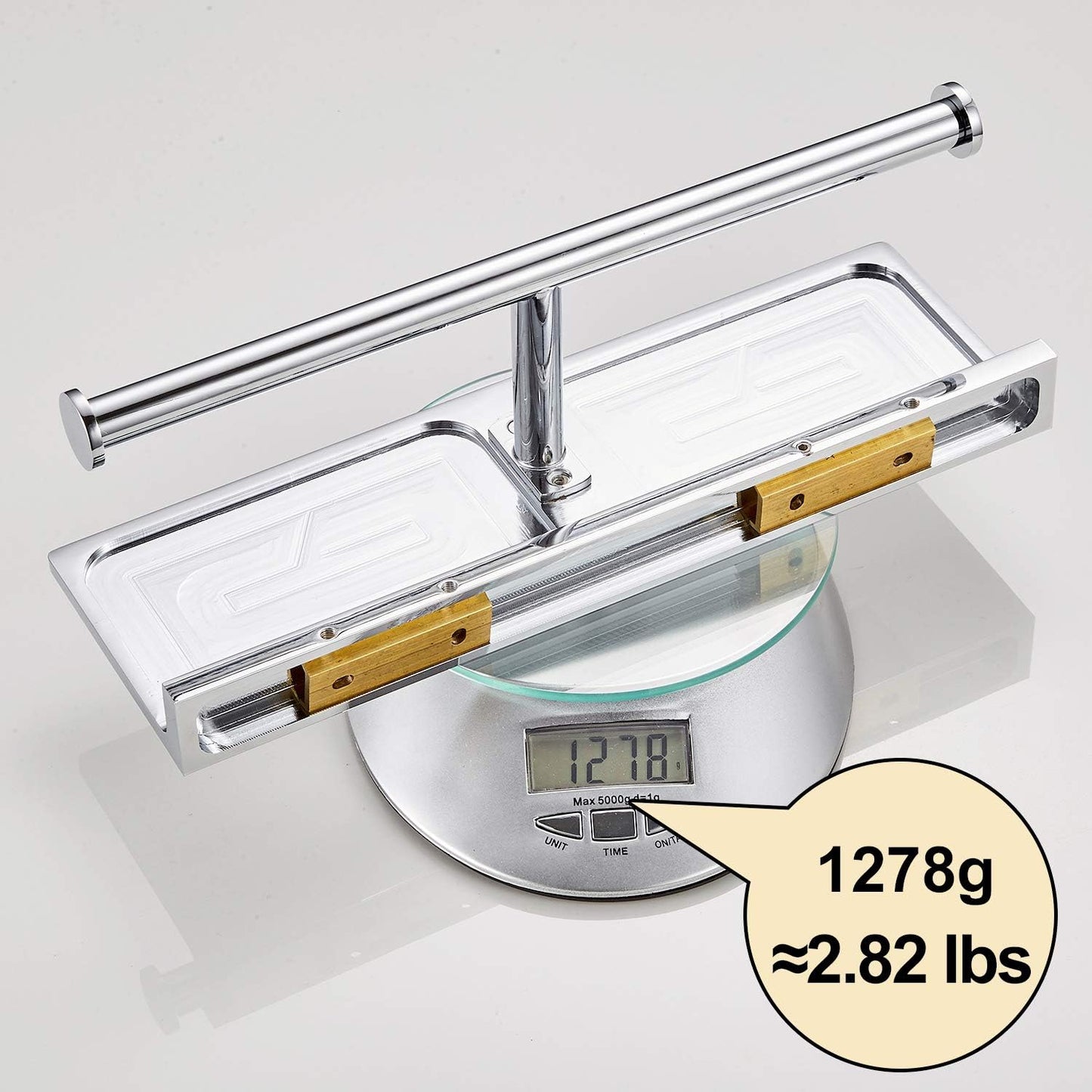 Double Roll Toilet Paper Holder with Shelf Solid Brass and Superior Hotel Style Tissue Dispenser Spared Storage Polished Chrome Finish