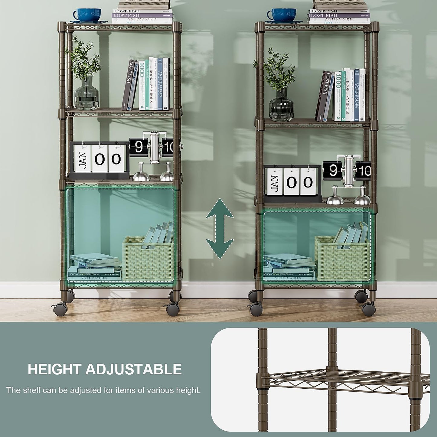 1000 lbs 4-Shelf Adjustable Heavy Duty Steel Wire Rack, Adjustable Storage Shelving Unit with Wheel for Kitchen, Garage, Laundry Brown 11.8" D x 17.7" W x 40.8" H