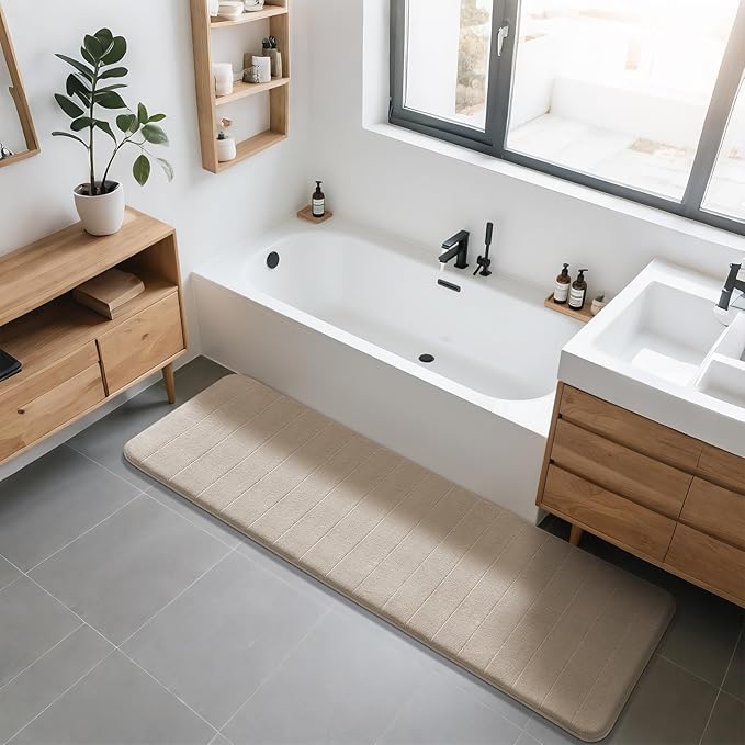 Yimobra Bathroom Runner Rugs 72"x24" Non Slip Washable Memory Foam Bath Mat, Super Soft Water Absorbent Hallway Carpet for Vanity Tub Shower, Beige