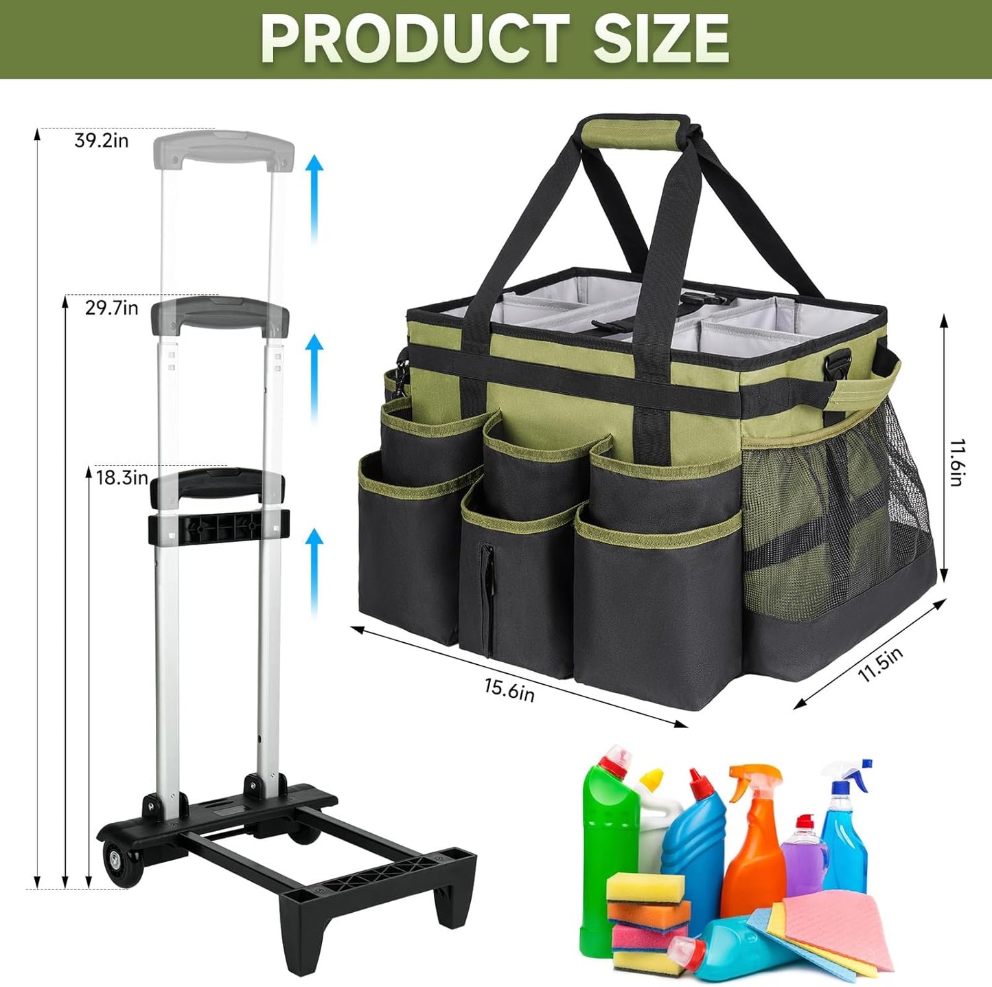 Large Rolling Cleaning Caddy Bag with Detachable Trolley,Cleaning Cart on Wheels with Shoulder Strap,Cleaning Supplies Organizer for Housekeepers,Green
