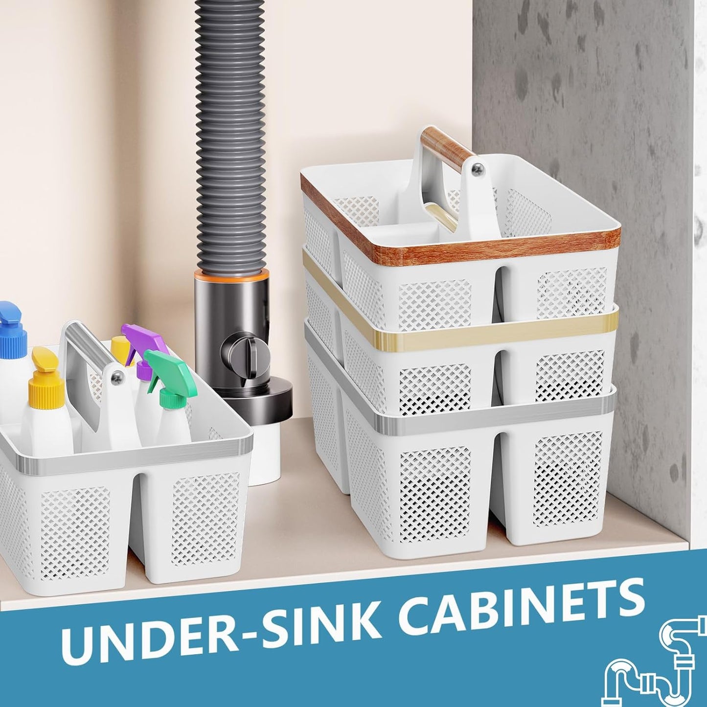 Plastic Shower Caddy Dorm: Portable Bathroom Caddy Organizer with Handle and Holes, Cleaning Basket, Hard Shower Basket Storage Tote for Toiletry, College Dorm Room Essentials White/Silver