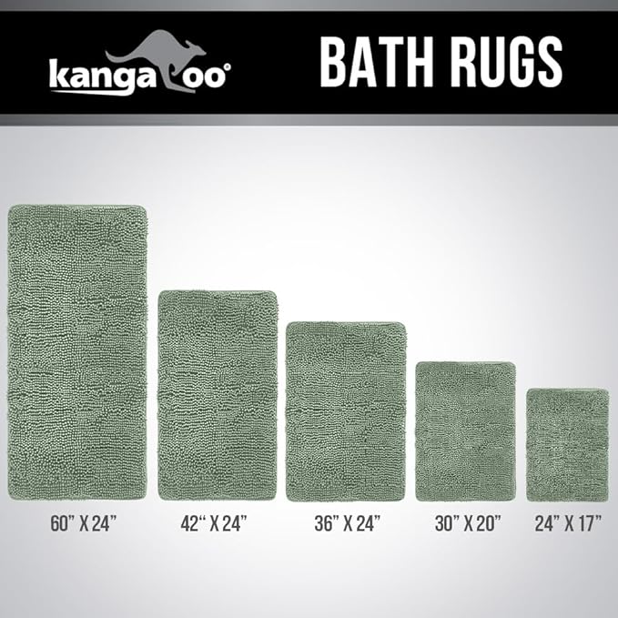 KANGAROO Bathroom Rugs, Chenille Soft Absorbent Bath Rug, Shaggy Shower Mat, Quick Dry Machine Wash Bathmat, Plush Carpet Mats for Tub, Bathtub and Room Home Decor Accessories, 36x24, Sage