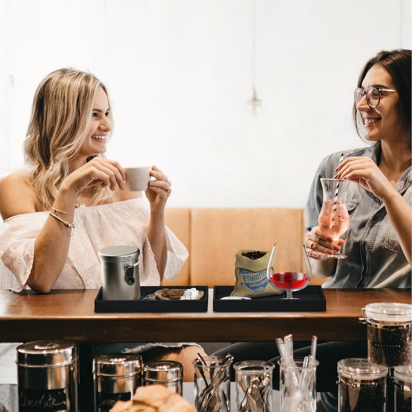 BBK Bathroom Vanity Tray 7.8 in - 2 Pack(Small) Silicone Bathroom Tray for Counter, Perfume Key Trinket Ring Tray, Decor Soap Dispenser Countertop Tray for Kitchen Sink Organization (Black)