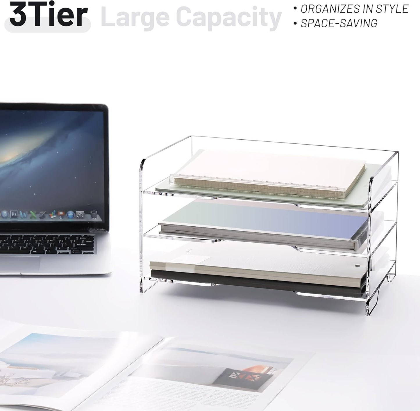 SANRUI Paper Letter Tray Organizer 3 Tier Acrylic Desk File Organizer with Bottom Handle, Paper Sorter Organizer for Letter/A4 Office Organization,Clear