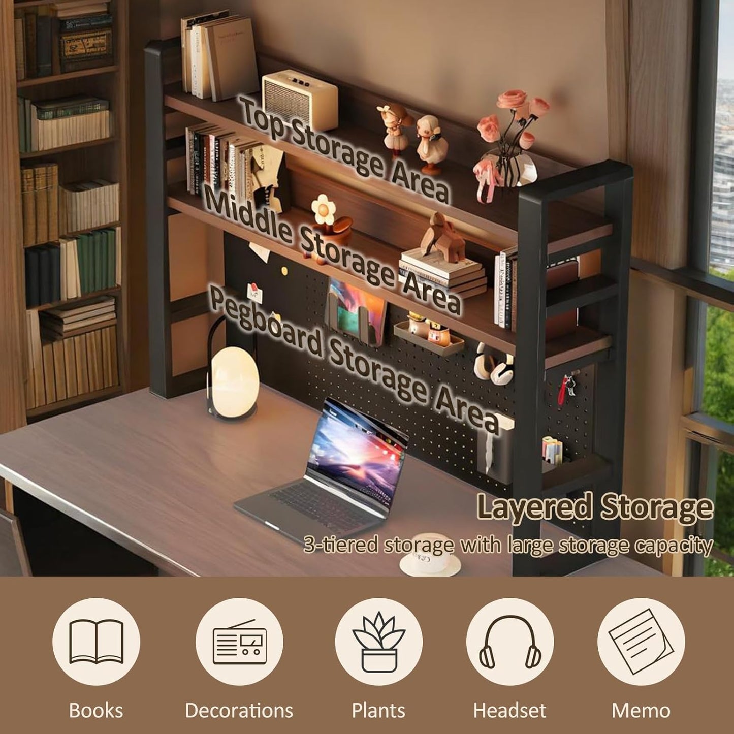 2/3 Tier Desk Hutch with Pegboard, Desk Shelf Organizer with Metal Frame, Space Saving Desktop Bookshelf, Desktop Shelf Organizer Display Rack for Study Table, Home, Off White+Wood 45×10×37"(3-Tiers)