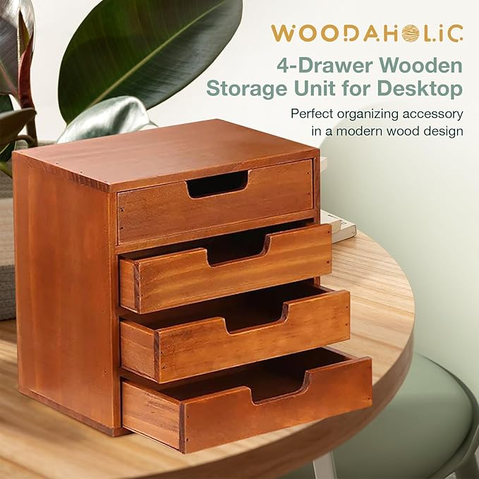 4 Drawer Desktop Storage Organizer in Modern Wood Design (9.8”x6.9”x 9.8”) 4-Drawer Stackable Drawer Unit - Vanity Accessories Organizer (1-Pack)