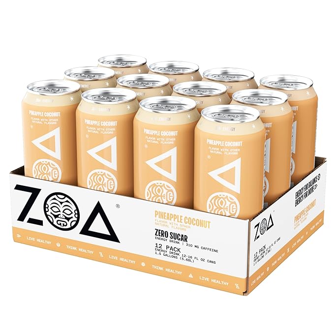 ZOA Zero Sugar Energy Drinks, Pineapple Coconut - Sugar Free with Electrolytes, Healthy Vitamin C, Amino Acids, Essential B-Vitamins, and Caffeine from Green Tea - 16 Fl Oz (12-Pack)