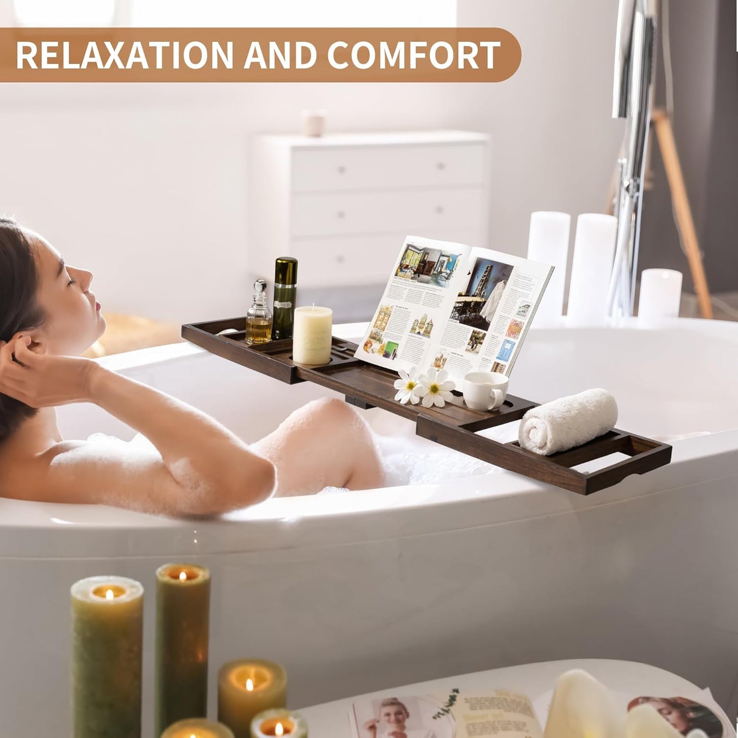 Wood Bathtub Tray Table - Foldable Bath Tray for Tub with Expandable Handles, Wine Glass & Phone Holder, Book Stand - Enhance Home Spa Experience with Natural TeakMaterial, Walnut