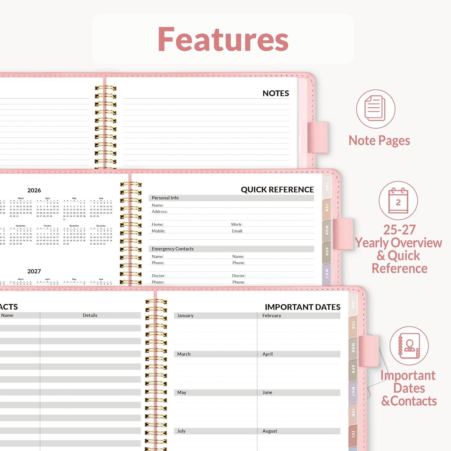 SUNEE 2026 Weekly & Monthly Planner 6.4"x8.5"- 12 Month (January 2026 - December 2026), Vegan Leather Cover, Pocket, Bookmark, Notes, Monthly Tab, Peach Pink