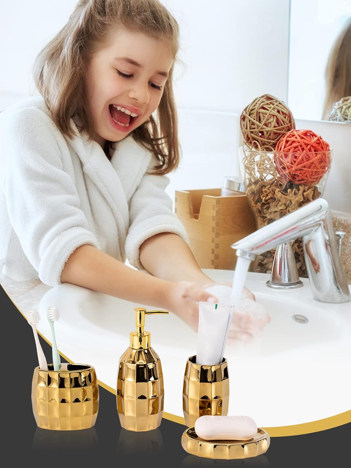 Bathroom Accessories Set, Golden Mosaic Ceramic Bathroom Accessory Sets Include Lotion Dispenser, Toothbrush Holder Tumbler, and Soap Dish