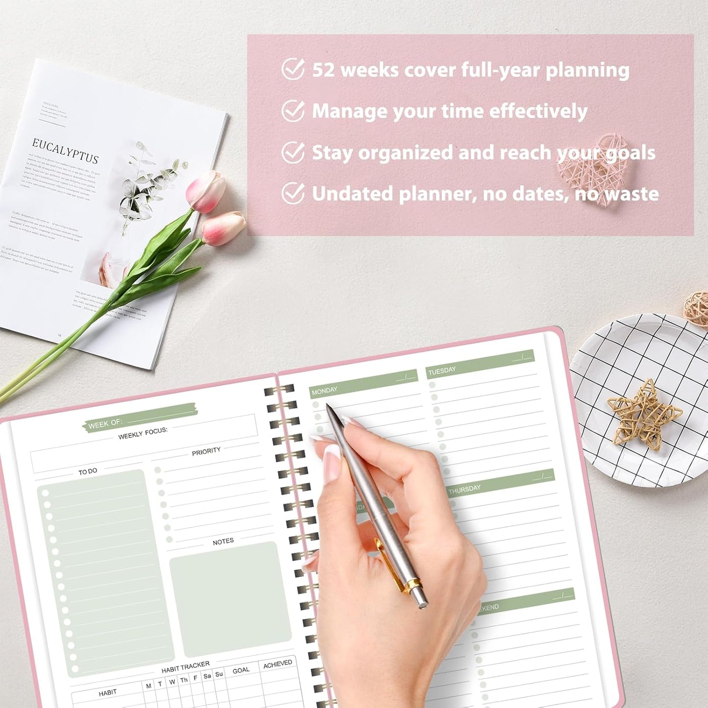 Undated Weekly Planner, Weekly To Do List Notebook with Goal, Organizer & Habit Tracker, A5 Daily Planner with Spiral Binding, Ideal for Office School Suppies - Pink