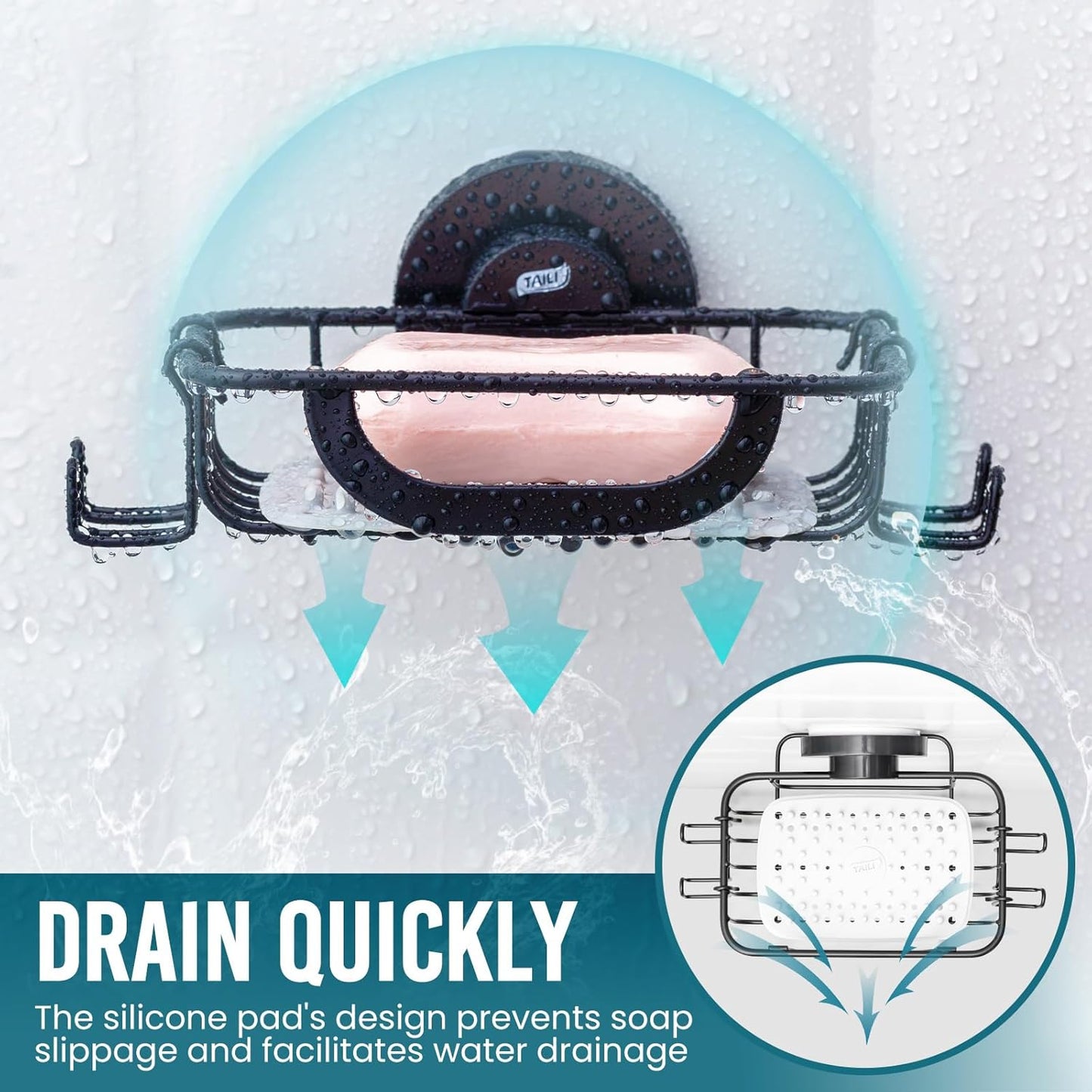 TAILI Bar Soap Holder Suction Cup with Hooks and Silicone Soap Saver Pad for Bath Shower Wall, Shampoo Caddy for Bathroom, Tub, Kitchen, Rustproof Stainless Steel Sponge Holder, Black