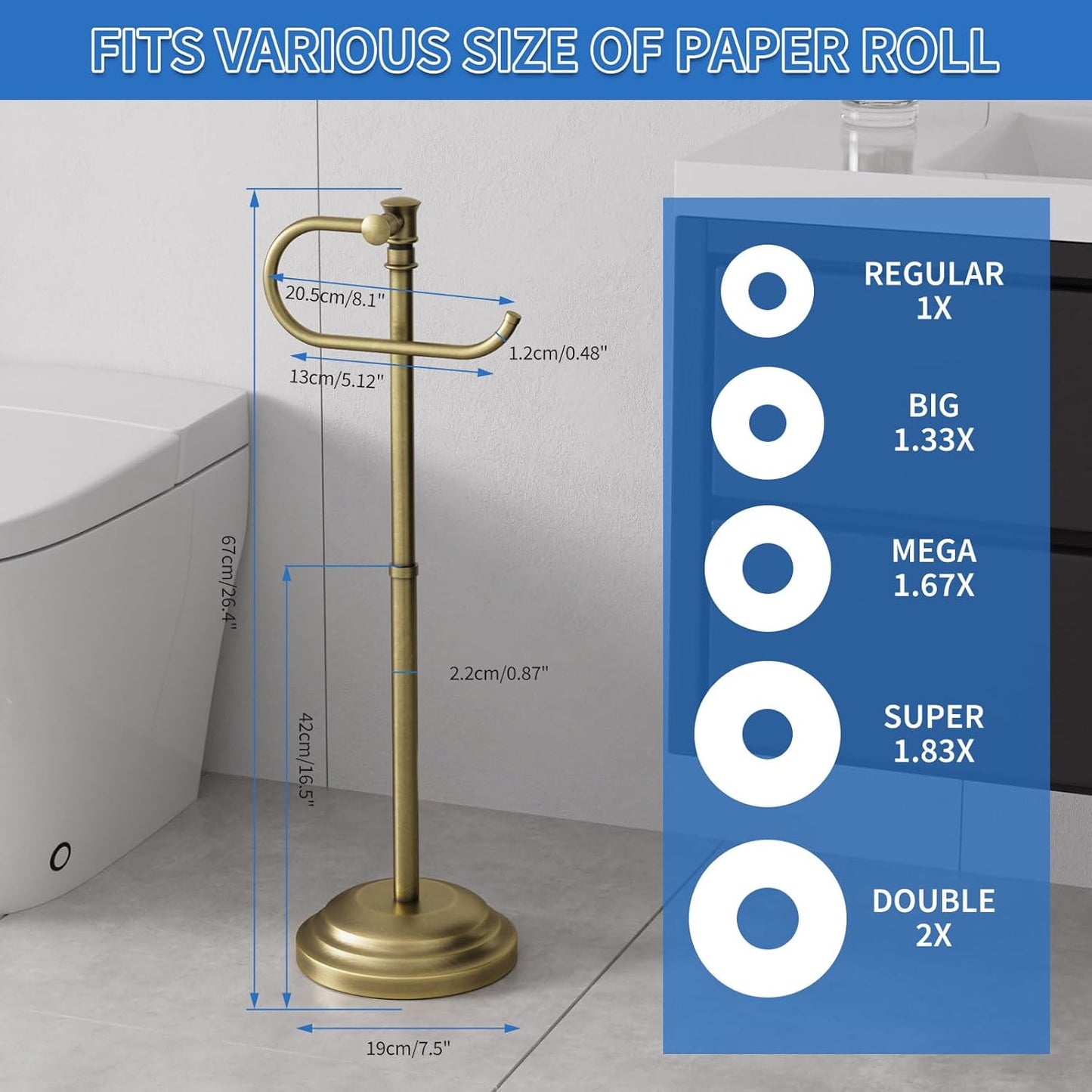 RUMOSE Toilet Paper Holder Stand for Floor,Antique Brass Adjustable (12.4" to 22.8") Bathroom Toilet Tissue Holder, Free Standing Paper Roll Holder with Storage, Stainless Steel