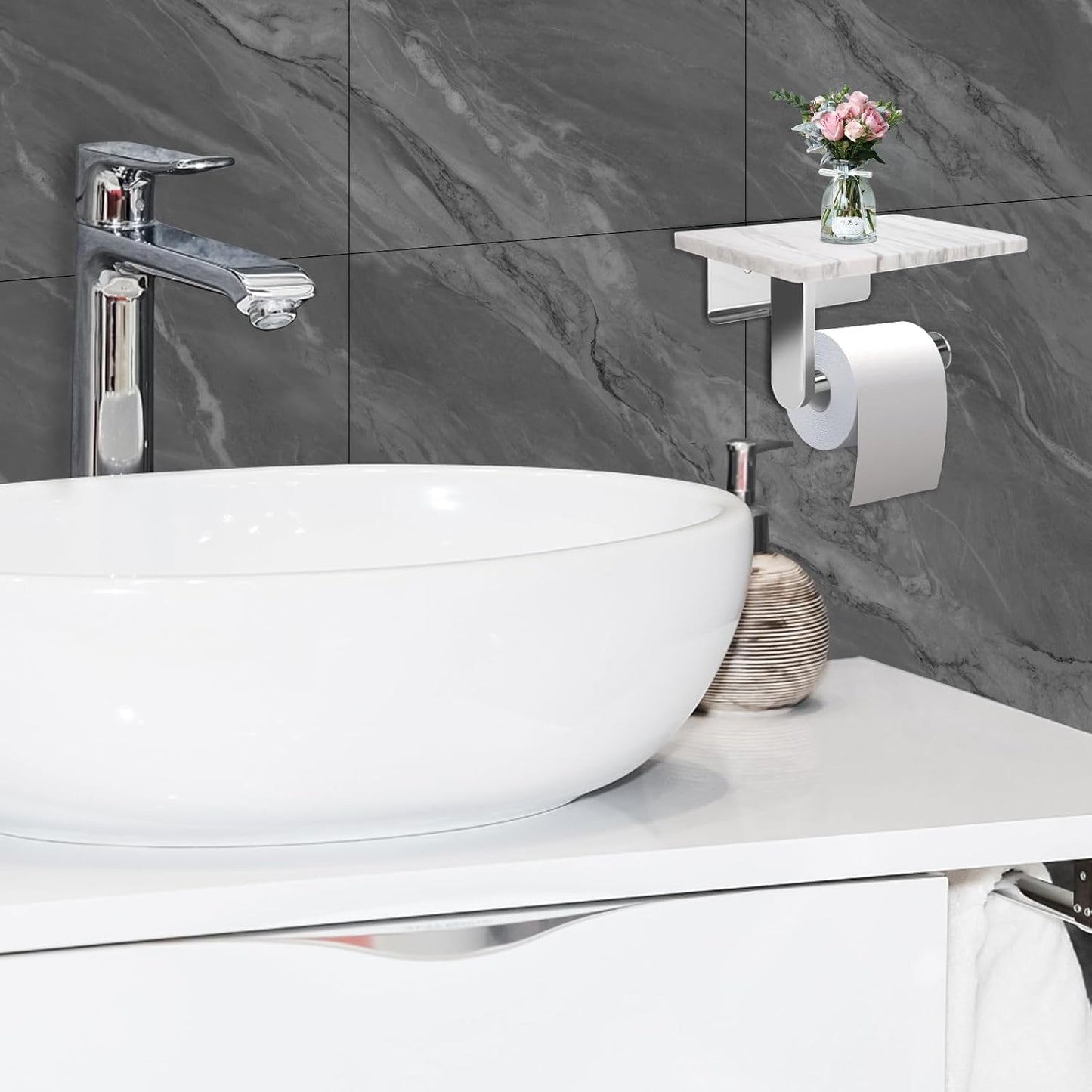 Toilet Paper Holder with Natural Marble Shelf for Bathroom Washroom,Wall Mounted Tissue Holder Suitable for Mega Roll (Brushed Nickel, Middle 7.87 * 4.72 in)