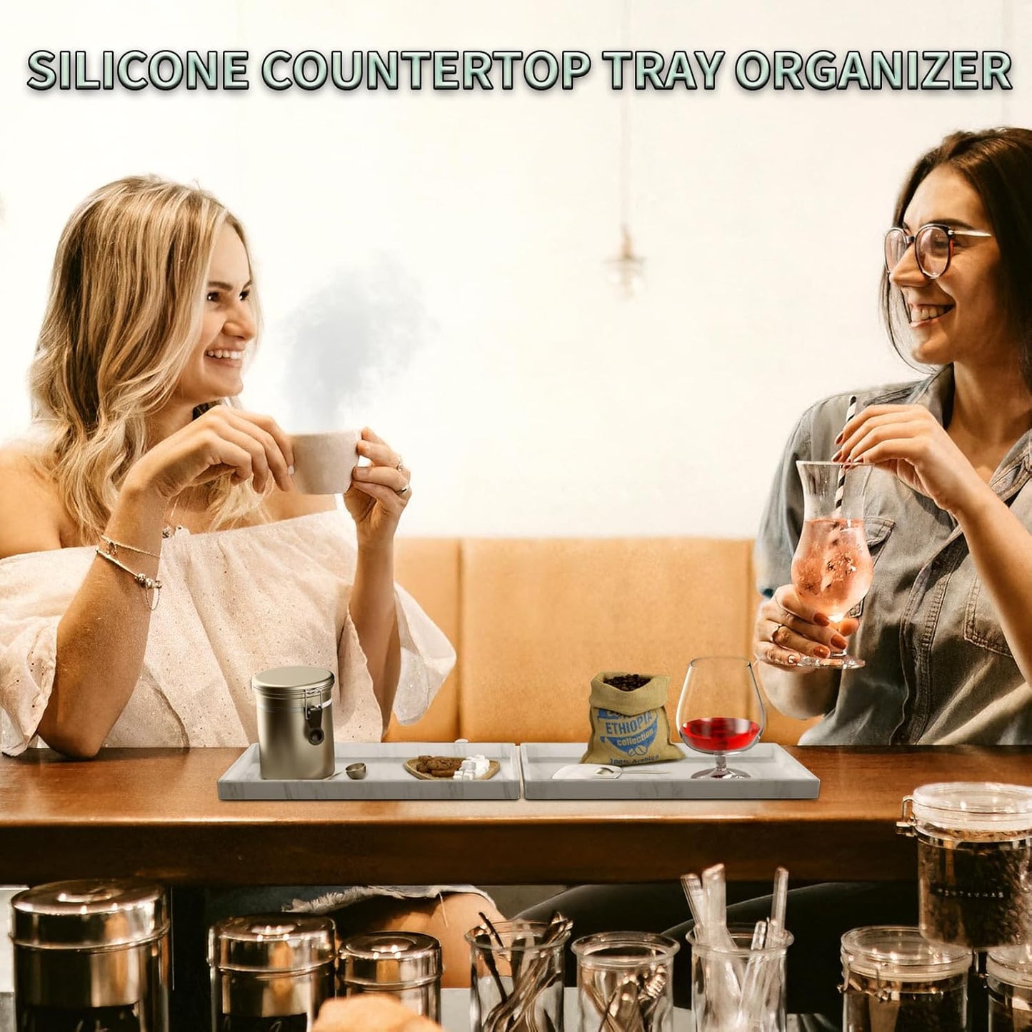 BBK Bathroom Vanity Tray 7.8 in - 2 Pack(Small) Silicone Bathroom Tray for Counter, Perfume Key Trinket Ring Tray, Decor Soap Dispenser Countertop Tray for Kitchen Sink Organization (Faux Marble Look)