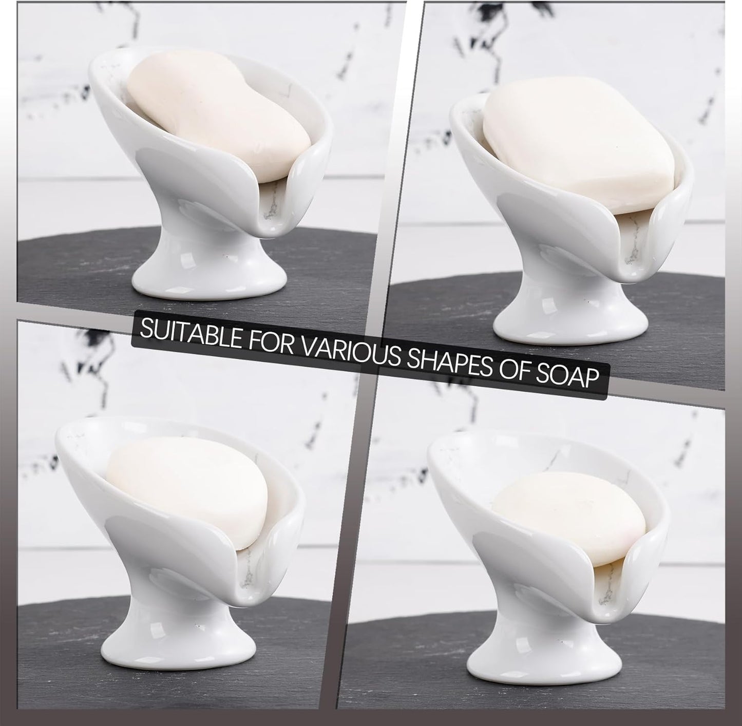 Small Soap Dish, Self Draining Bar Soap Holder for Bathroom Sink, Leaf Shaped Drainage Ceramic with Marble-Pattern Finish, Decorative Soap Dish, No Suction Cup, ANTIS'S HOME