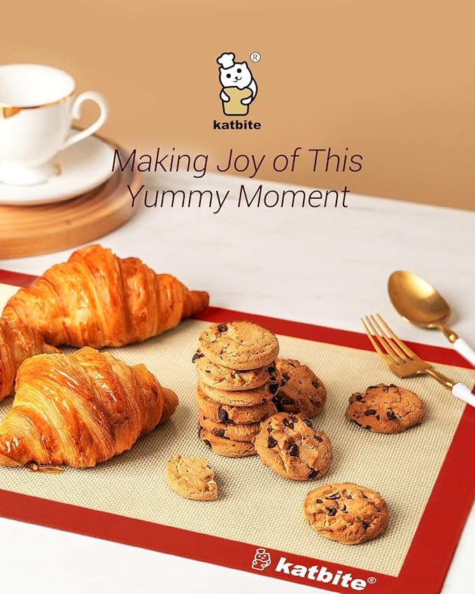 Katbite Silicone Baking Mat Colorful Collection - Set of 3: 2 Half Sheets Mats (11 5/8" x 16 1/2") + 1 Quarter Baking Sheet, Reusable & Nonstick Bakeware Mats for Cookies, Macarons, Bread (Red)