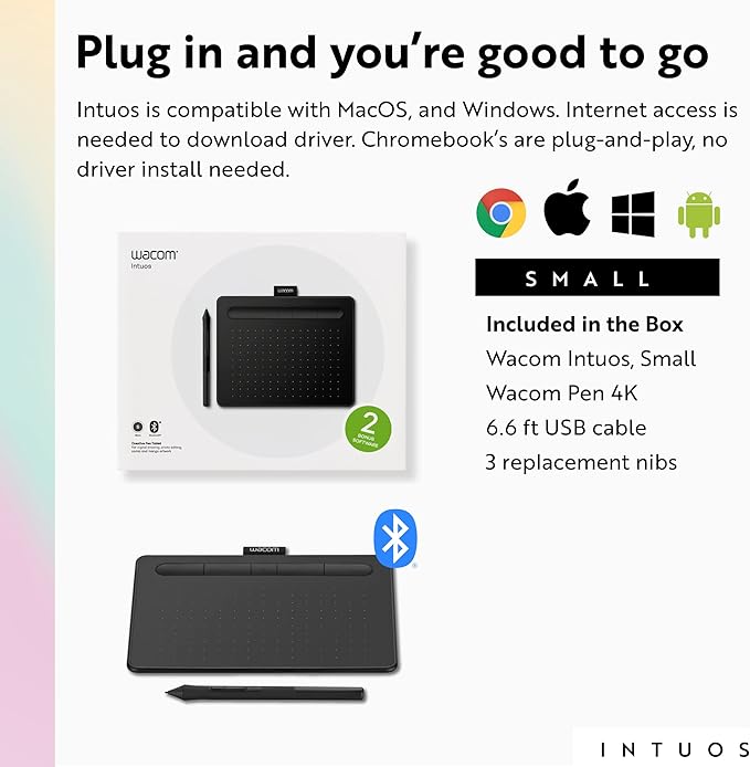 Wacom Intuos Small Bluetooth Graphics Drawing Tablet, 4 Customizable ExpressKeys, Portable for Teachers, Students and Creators, Compatible with Chromebook Mac OS Android and Windows - Black