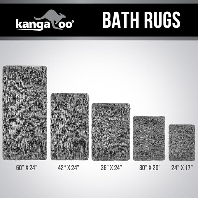 KANGAROO Bathroom Rugs, Chenille Soft Absorbent Bath Rug, Shaggy Shower Mat, Quick Dry Machine Wash Bathmat, Plush Carpet Mats for Tub, Bathtub and Room Home Decor Accessories, 42x24, Gray