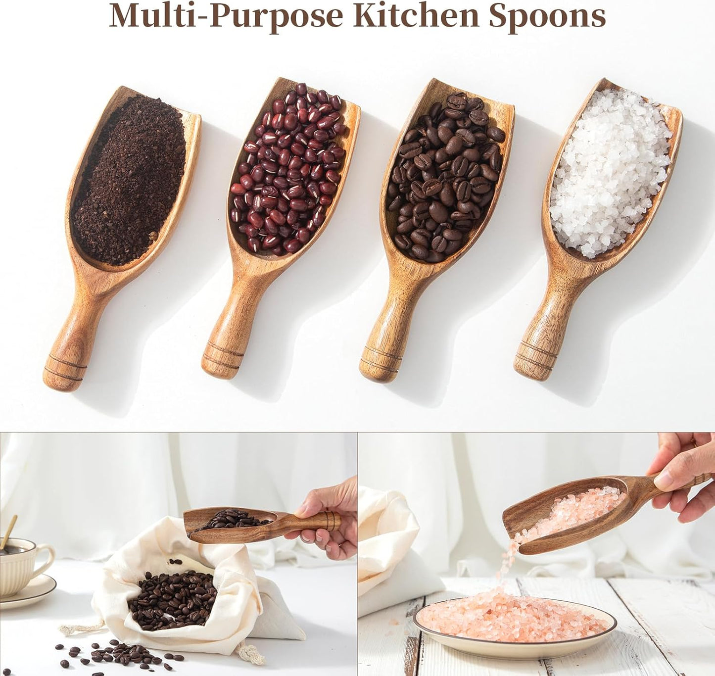 Large Wooden Coffee Scoop, 4pcs Coffee Scoops for Big Jars Canisters, Acacia Wood Ground Coffee Shovel Scooper Multipurpose, Kitchen Scooping Tool Beans Salts Spice Powder Tea Shovels