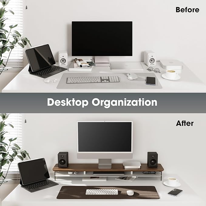 Fenge Acrylic Monitor Stand Riser, 42.5 Inches Dual Monitor Stand with Metal Storage, 2 Tier Acrylic Computer Riser for Desk, Clear Laptop Stand for PC, Laptop, Printer, TV, Brown