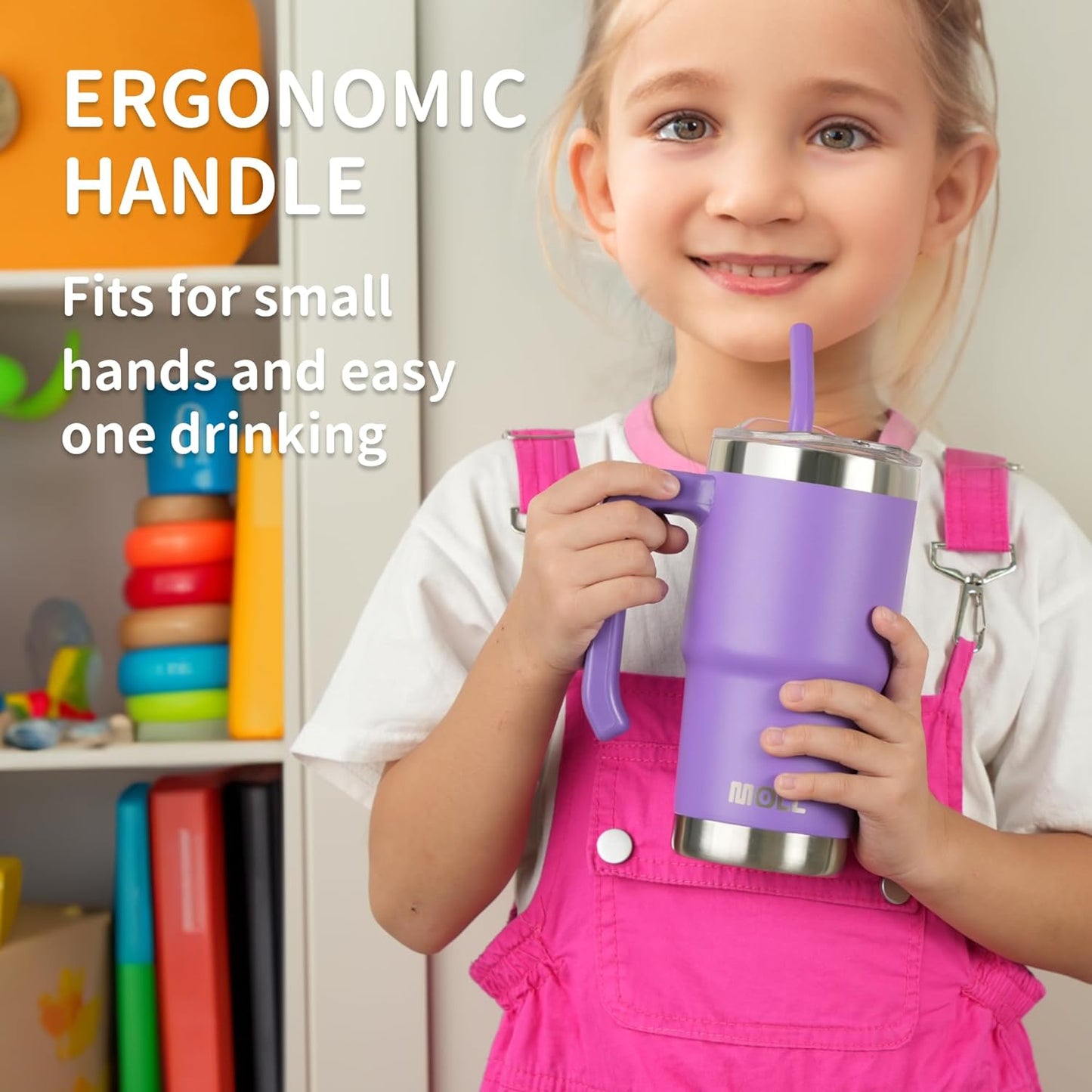 Insulated Tumbler with Handle 16 oz Stainless Steel Double Wall Vacuum Tumbler Cups Travel Coffee Mug with Lid and Straw (Purple Pink)