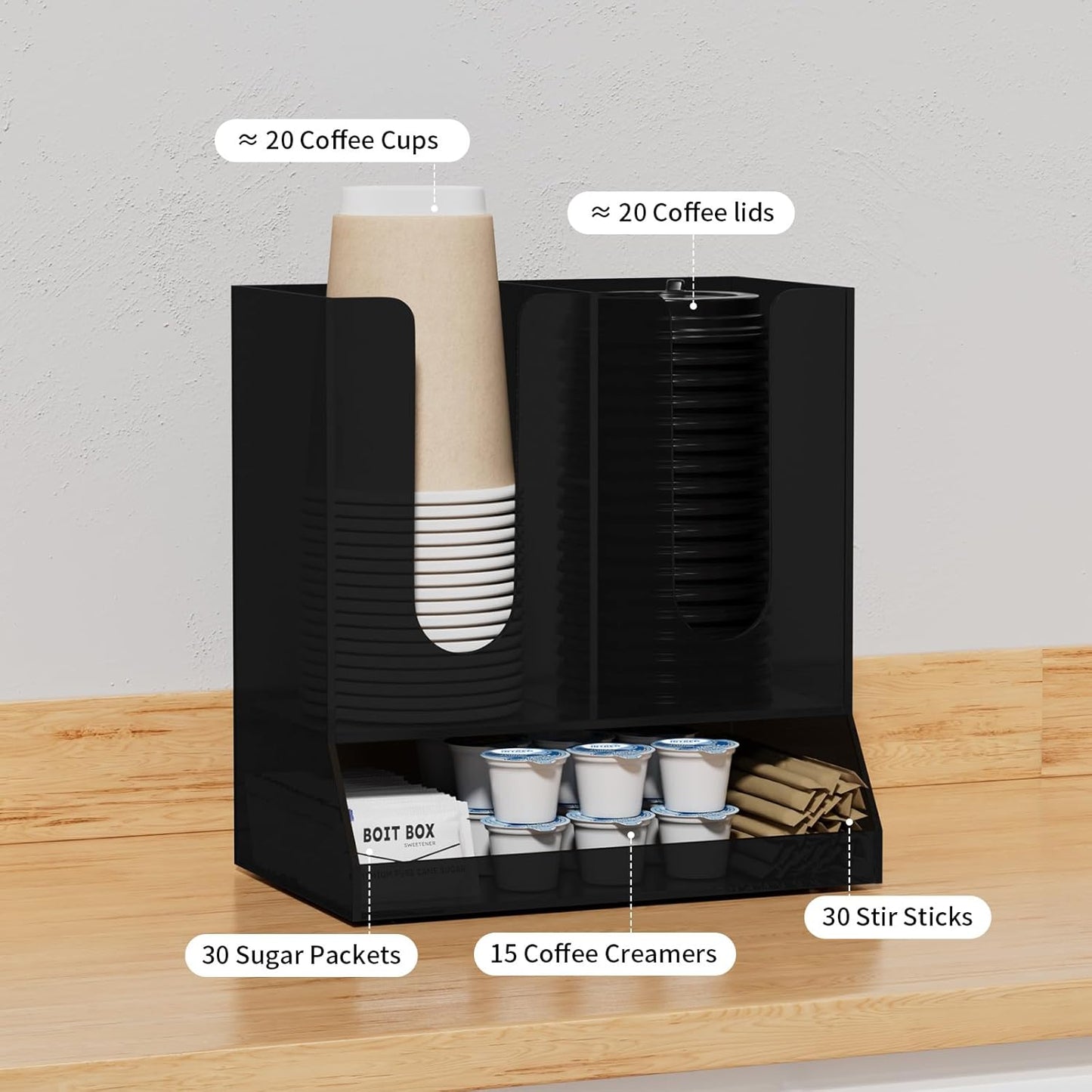 AITEE Acrylic Coffee Station Organizer for Countertop, Holds 20 Cups, All-in-One Coffee Cup and Lid Holder with Condiment Storage for Office Breakroom and Home Kitchen, Black